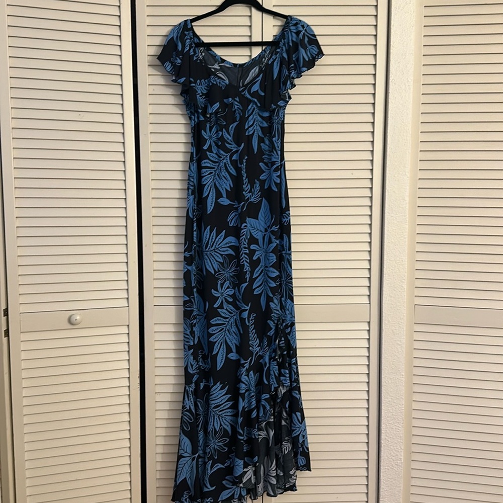 Black and Blue Floral Maxi Dress with Flutter Sleeves